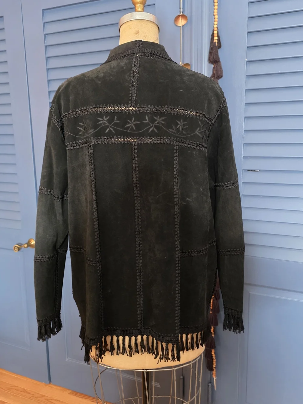VTG Dressbarn Black Suede Leather Patchwork Western Fringe Jacket Boho 16W